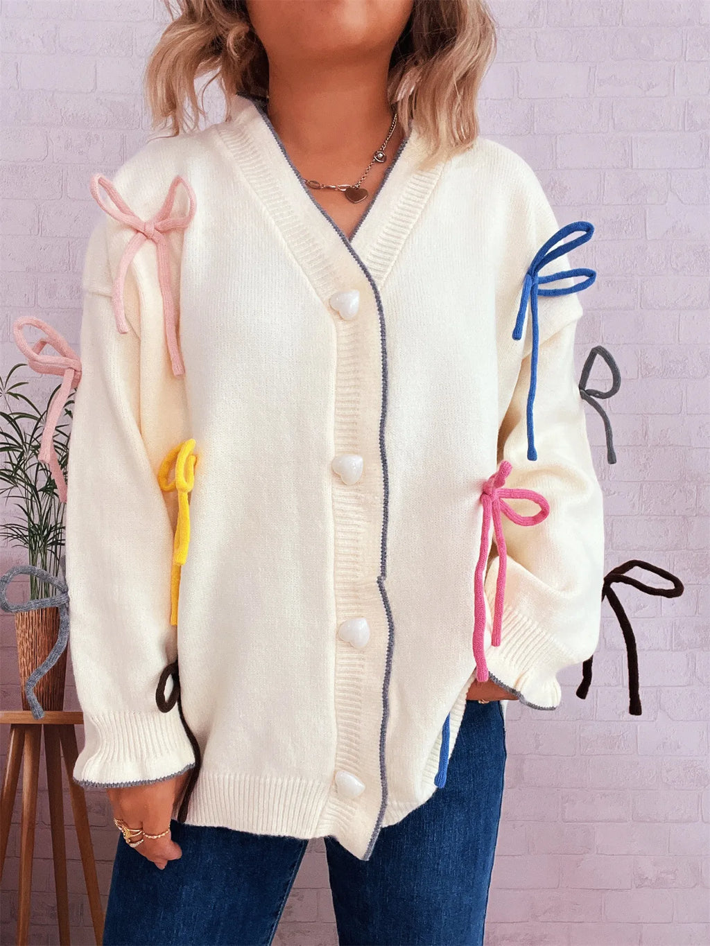 Women's Cardigan White Bow Tie Button Up Knit Long Sleeve One Size 672c7819f2de43fc948ce0691636b8f1-Max-Origin Trendsi