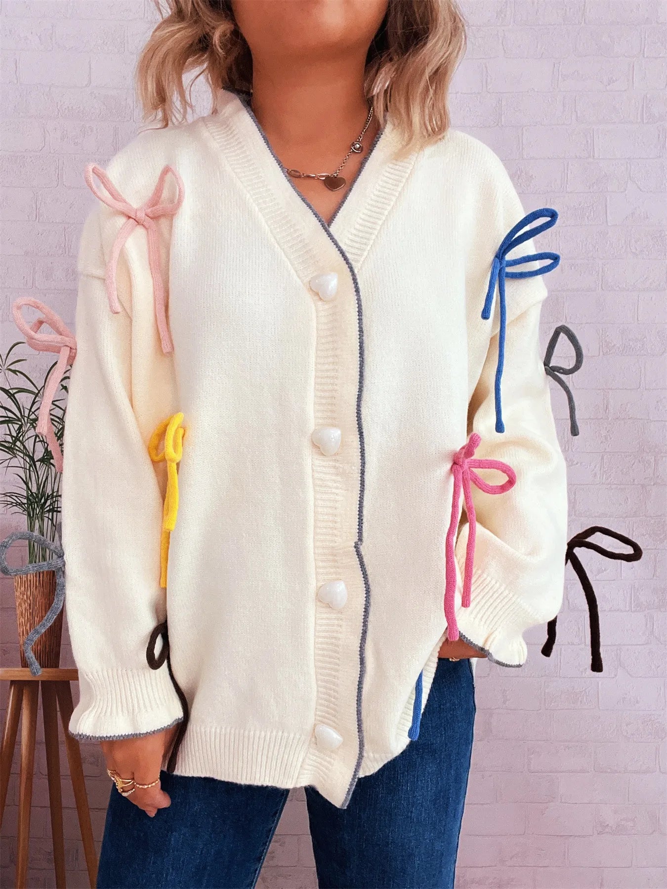 Women's Cardigan White Bow Tie Button Up Knit Long Sleeve One Size 672c7819f2de43fc948ce0691636b8f1-Max-Origin Trendsi