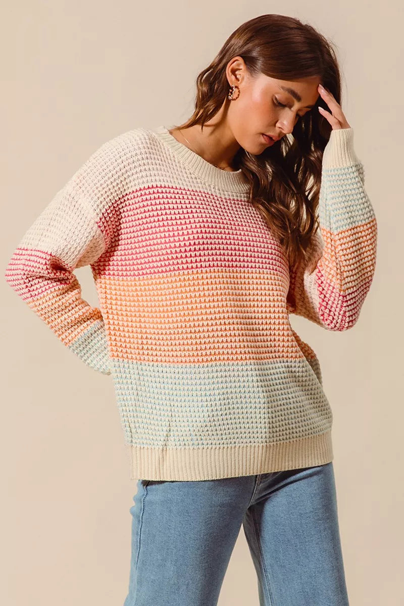 SO ME Womens Sweater Multi Color Block Stripe Long Sleeve Pullover 6730ec49356b4c48b4132fc99ab13dd7-Max-Origin Trendsi
