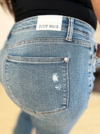 Judy Blue Distressed Jeans Medium Wash Mid Rise Destroyed Hem Denim 6736742e-6c99-4778-b2d8-50ff480160f4-Max Trendsi