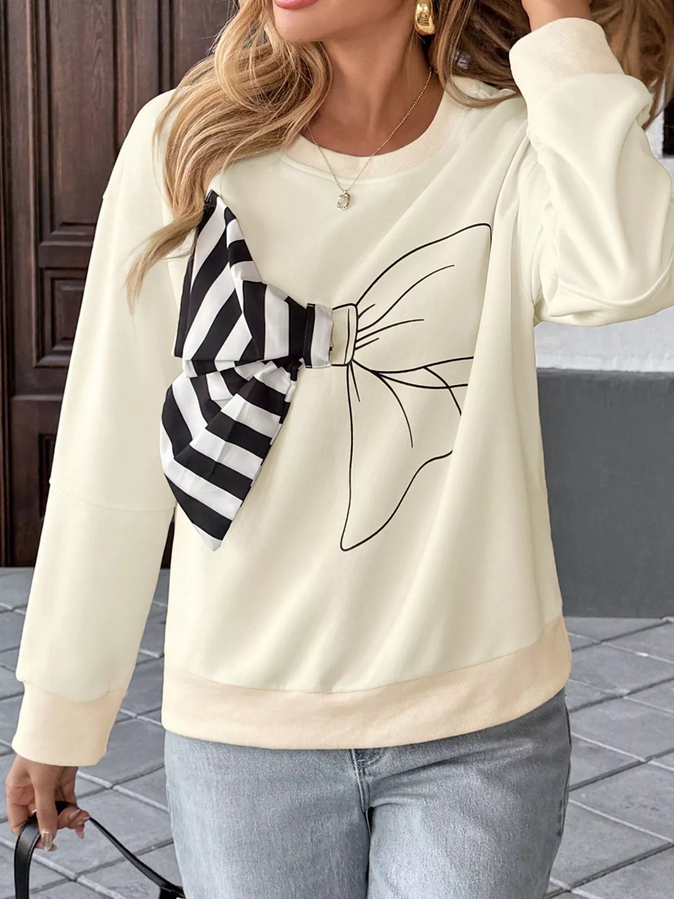 Women's Sweatshirt Beige Bow Round Neck Dropped Shoulder Long Sleeve 67367d48-e46f-4ba0-bb45-5fdf2ae4d9dd-Max-Origin Trendsi