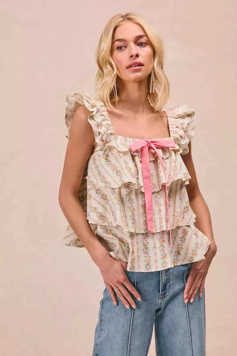 BiBi Floral Printed Woven Front Bow Tied Ruffled Square Neck Sleeveless Top