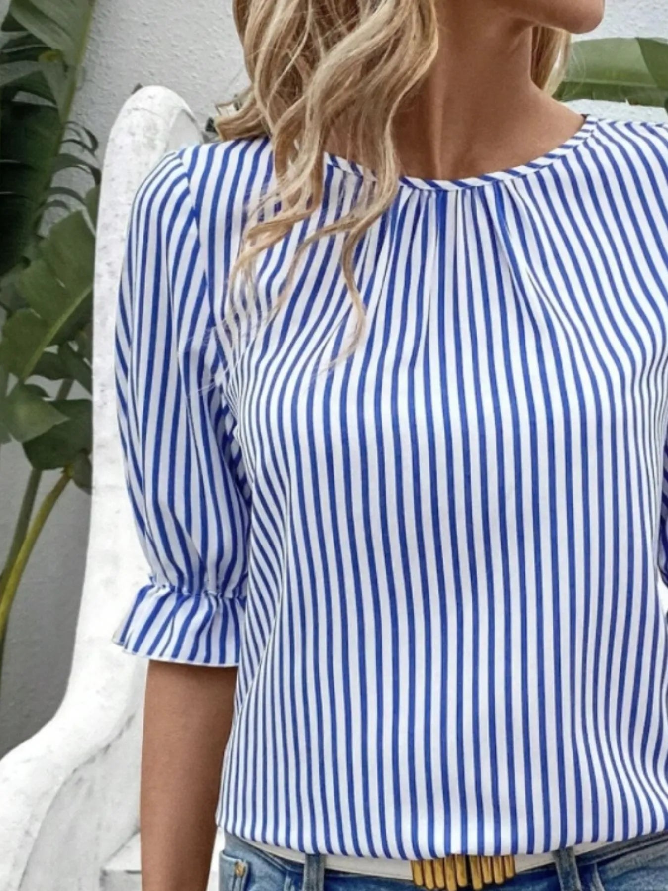 Women's Blouse Striped Round Neck Half Sleeve Casual Back Buttoned 673a3b5c-02d7-49d9-b32a-5fab42297aaa-Max-Origin Trendsi