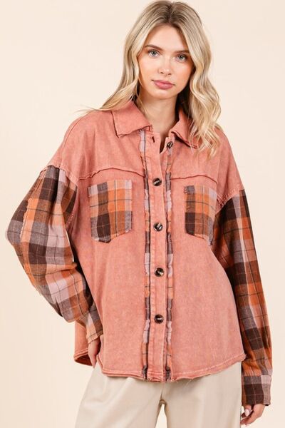Mittoshop Shirt Button Down Contrast Plaid Patchwork Shacket Long Sleeve 6744cc19-bccf-4a4a-888e-0bdcae30f757-Min Trendsi