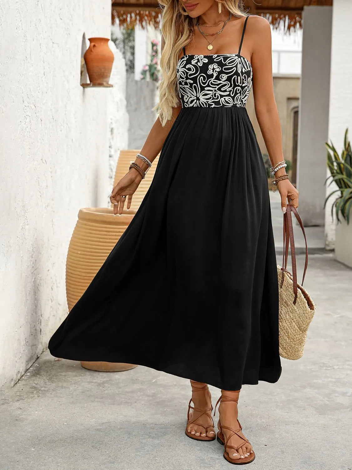 Midi Cami Dress Black Smocked Ruched Embroidered with Pockets 6745a488-7a52-4ed4-8069-0c78f66681a7-Max-Origin Trendsi