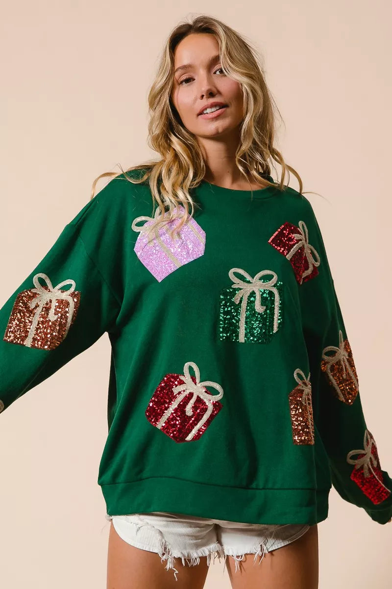 BiBi Pullover Sequin Christmas Gift Box Embroideries Green Womens Sweater 6746e4df1b894455866bb49a3ceef594-Max-Origin Trendsi