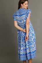 Umgee Midi Dress Floral Blue Two Tone Border Print Ruffle Cap Short Sleeve 6751e57a-4076-4dde-89c0-87da7f36040e-Max Trendsi