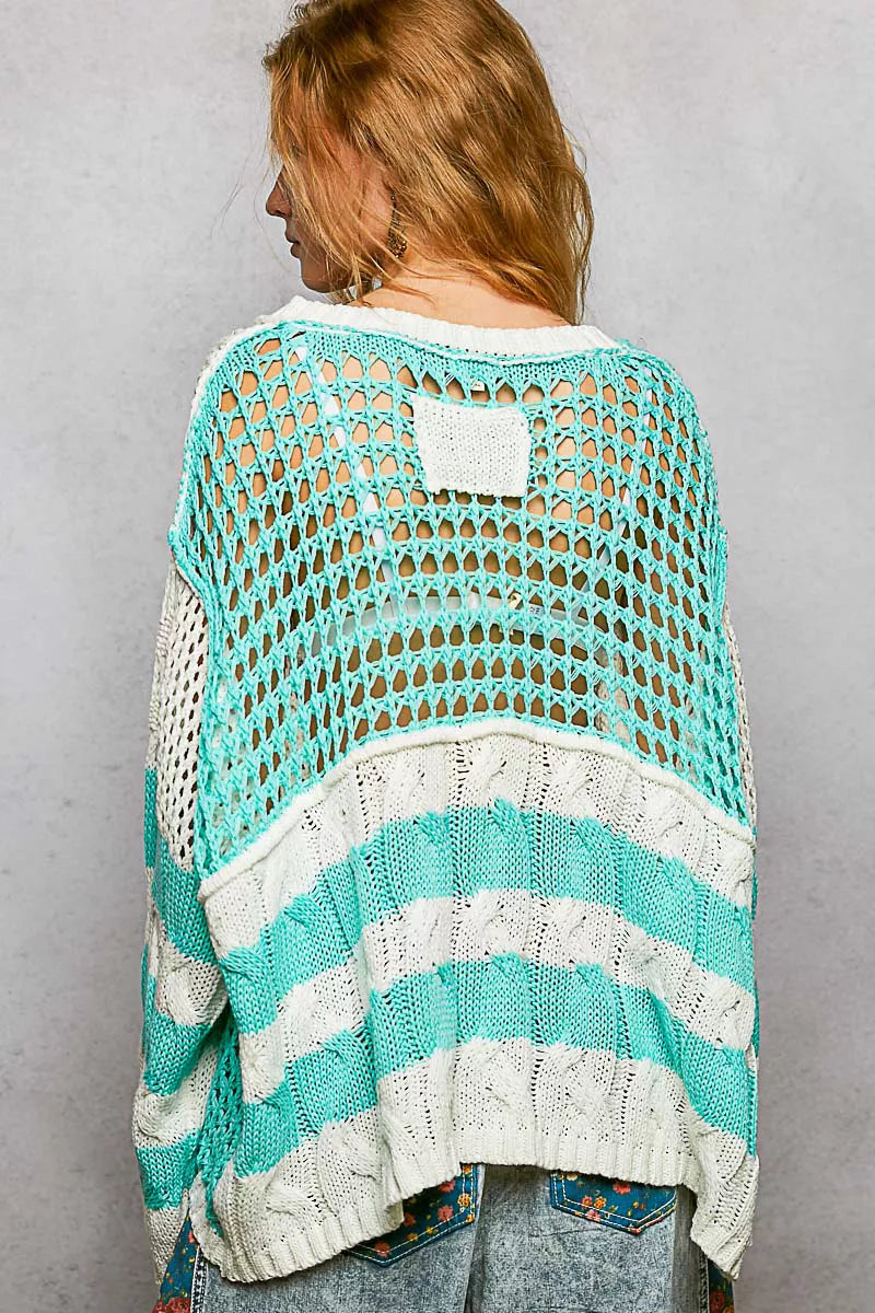 POL Womens Knit Top Aqua Blue Color-Blocked Stripe with Twisted Weave 67577938-c1ac-47da-8456-5a51fb2b5350-Max-Origin Trendsi