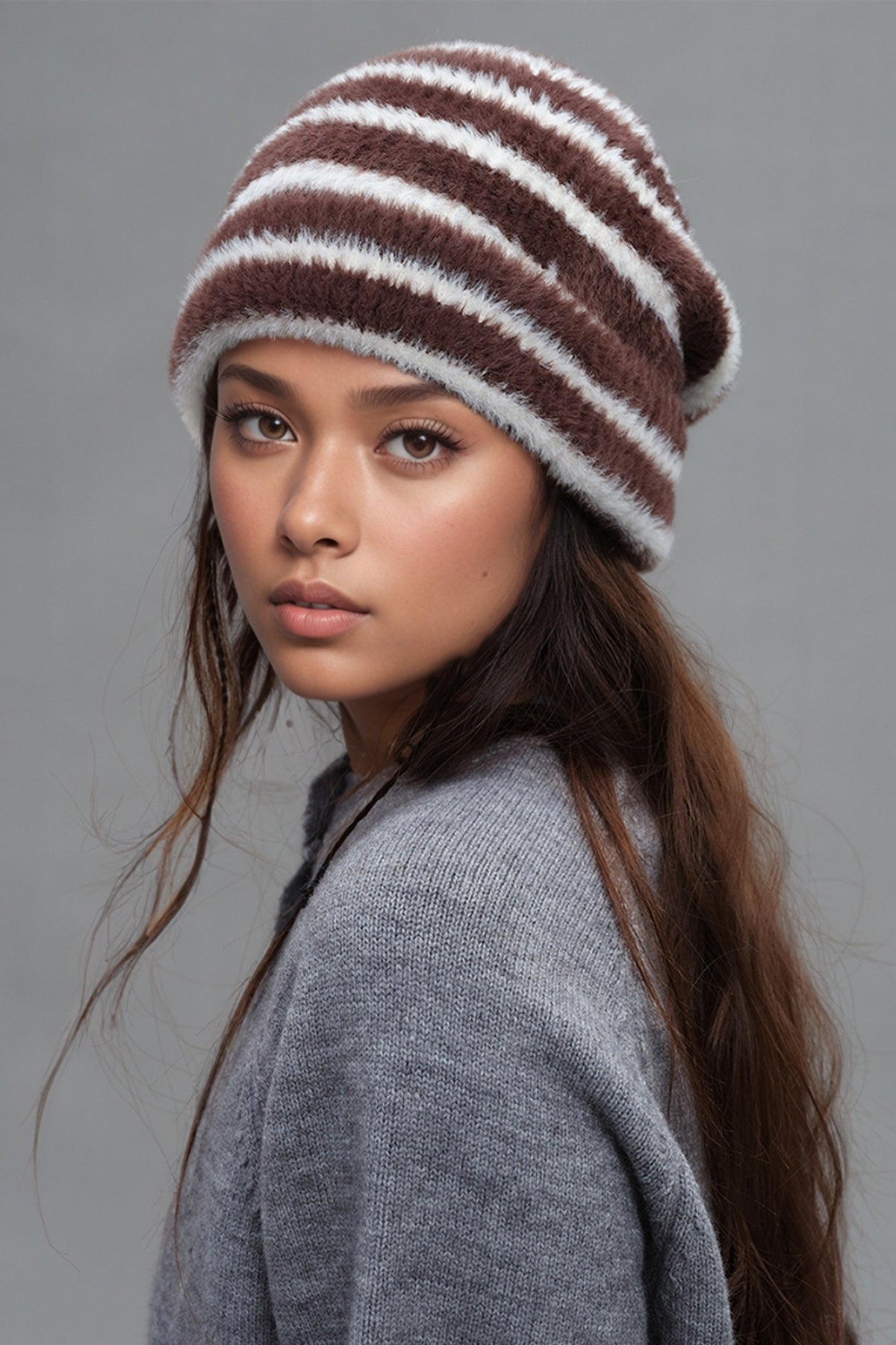 Fuzzy Hat Women Thermal Contrast Striped Soft Warm Beanies