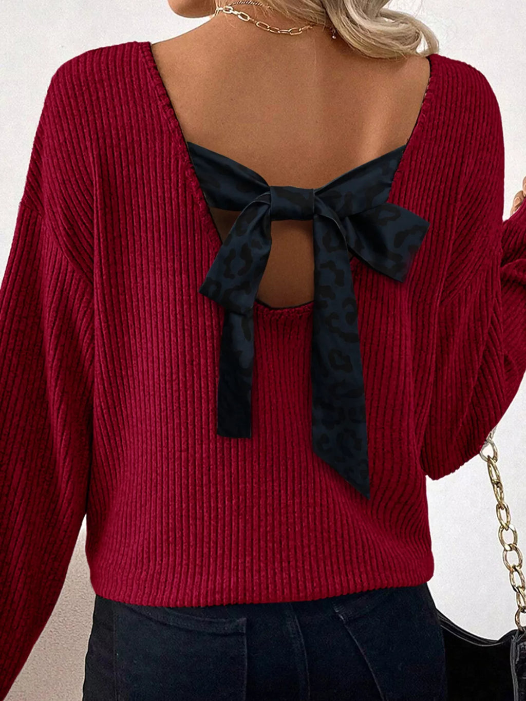 Ribbed V Neck Contrast Ribbon Bow Back Drop Shoulder Long Sleeve Top