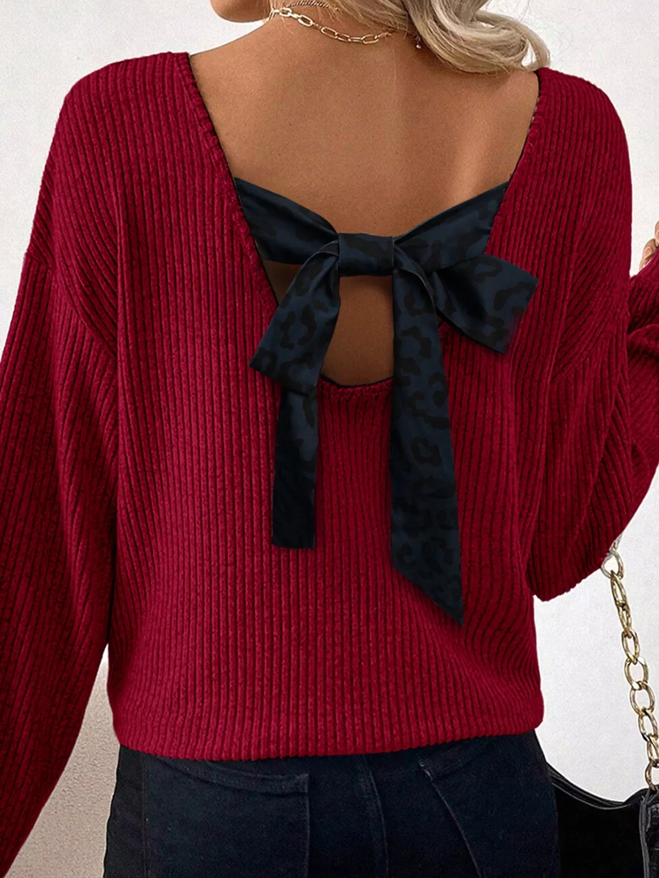 Ribbed V Neck Contrast Ribbon Bow Back Drop Shoulder Long Sleeve Top