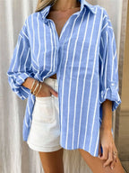 Women's Striped Button-Up Shirt with Chest Pocket Long Sleeve Oversized Top 6763542966404180b549ee62be11be10-Max-Origin Trendsi