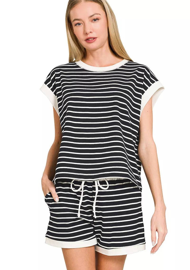 Zenana Outfit Set Stripe Black Contrast Trim Short Sleeve Top & Shorts BLACK 6765b4a65a2945209eb00614619501a1-Max-Origin Trendsi