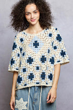 POL Womens Crochet Top Blue Multi Pattern Short Sleeve with Border Accents 6774d501-57db-492c-90be-68a78949de3e-Max-Origin Trendsi