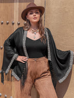 Plus Size Geometric Open Front Cardigan with Fringe Hem