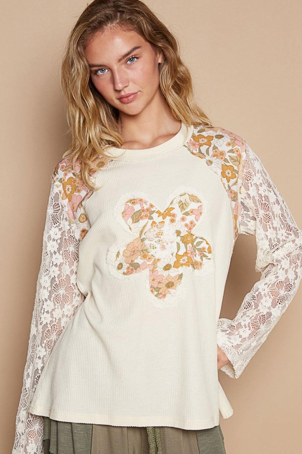 POL Knit Top USA Stock Flower Patch Lace Long Sleeve Cotton Blend Cream 6777dc18-6768-4eb4-bb3e-a43ac0682532-Max Trendsi