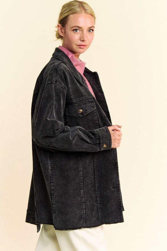 Davi & Dani Corduroy Jacket Black Washed Raw Hem Button Up Long Sleeve