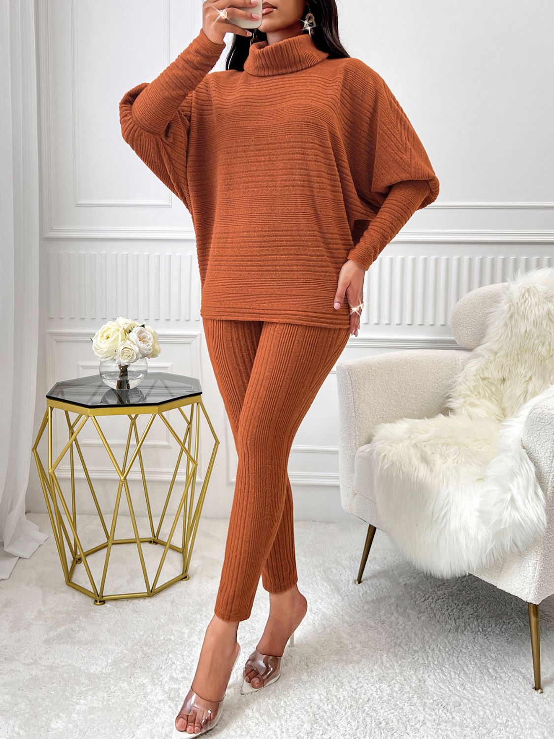 Women Knit Outfit Set 2 Pcs Terracotta Turtleneck Batwing Sleeve Top and Pants 6779c394-5039-4b54-9273-2adc52ec1178-Max Trendsi