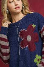 Umgee Womens Sweater Navy Flower Jacquard Striped Long Sleeve Pullover 6786c8dc-5a5c-4c18-a6f3-aa84eb0d3ef1-Max-Origin Trendsi