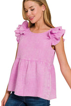 Zenana Top Mauve Acid Washed Double Gauze Tiered Ruffle Peplum T-shirt 678accdf-be49-40b4-b769-5a37d06d3cd4-Max-Origin Trendsi