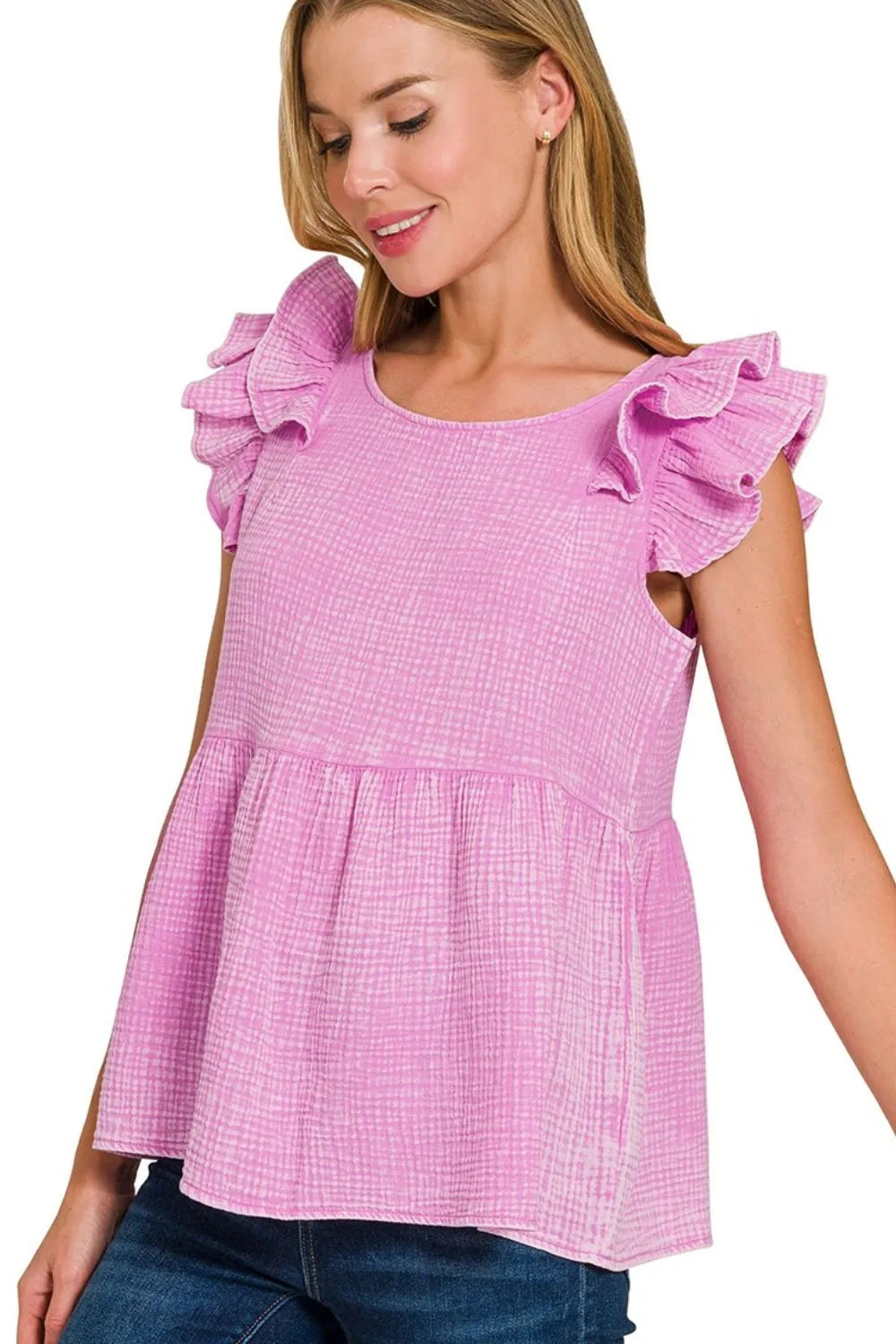 Zenana Top Mauve Acid Washed Double Gauze Tiered Ruffle Peplum T-shirt 678accdf-be49-40b4-b769-5a37d06d3cd4-Max-Origin Trendsi