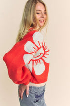 Davi & Dani Flower Contrast Cardigan Women Round Neck Long Sleeve Buttoned 679119dc-15a1-4248-b40b-e8fe117bd720-Max Trendsi