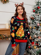 Christmas Sweater Tree Element Round Neck Long Sleeve Soft Pullover Black 67936960-a0d8-4baa-a92c-eb5c6f430367-Max Trendsi