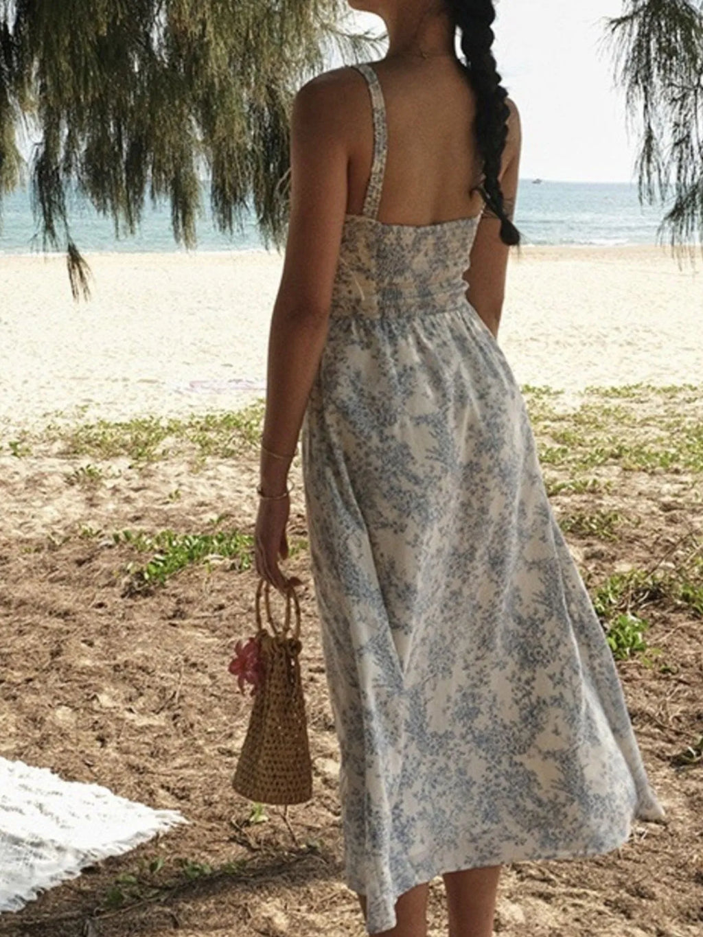 Midi Cami Dress Floral Print Light Blue Smocked Lace Up Buttoned 67944f4a-a4ef-4e67-8647-d0515ea0d272-Max-Origin Trendsi