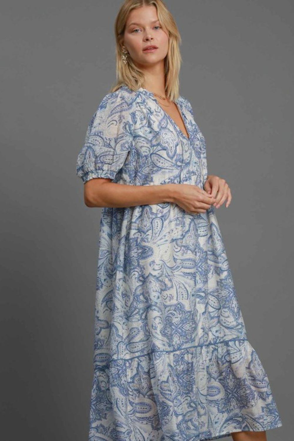 Umgee Midi Dress Blue Floral Printed Puff Short Sleeve Tied 679a2bab-7e20-4376-b0a5-b38e592cbf09-Max Trendsi