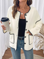 Women's Jacket Cream Contrast Trim Button Up Pocketed Outwear 67a5cf67-bd5a-4297-9587-9211232cf3af-Max-Origin Trendsi