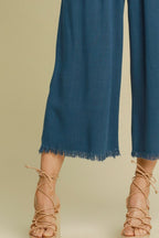 Umgee Linen Blend Cropped Pants Blue Elastic Waistband Wide Leg Raw Hem 67b0874b-5469-40c3-ab07-fa4145aea5e1-Max Trendsi