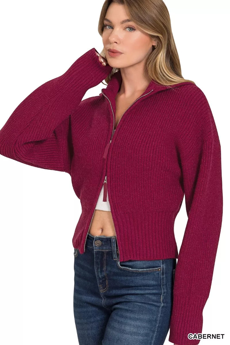 Zenana Womens Sweater Cardigan Zip Up Burgundy Ribbed Collared 67b23d7ad5224357a886baeb4fa4052c-Max-Origin Trendsi