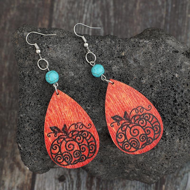 Turquoise Wooden Pumpkin Teardrop Earrings Halloween Jewelry 67bb35b7-5cde-4ed9-9041-2c530d50d83f-Max Trendsi
