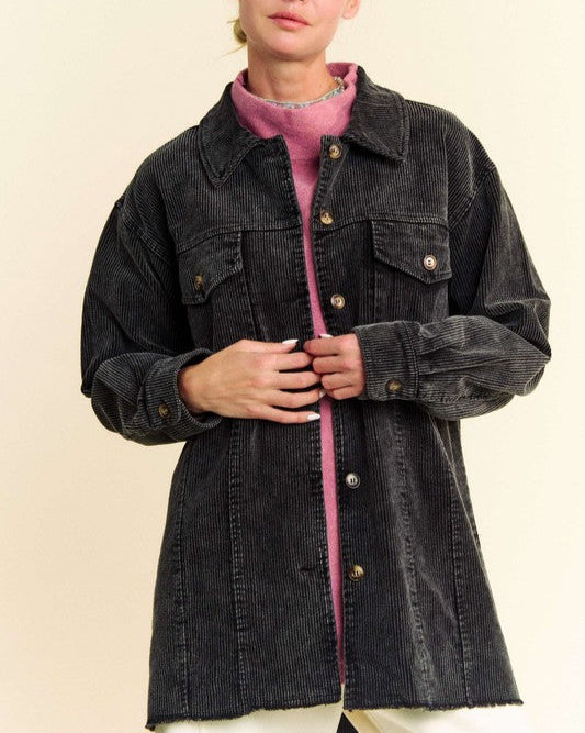 Davi & Dani Corduroy Jacket Black Washed Raw Hem Button Up Long Sleeve Black