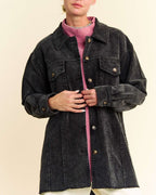 Davi & Dani Corduroy Jacket Black Washed Raw Hem Button Up Long Sleeve Black 67be29b6-9613-4f52-9d13-9c62bae255fd-Max Trendsi