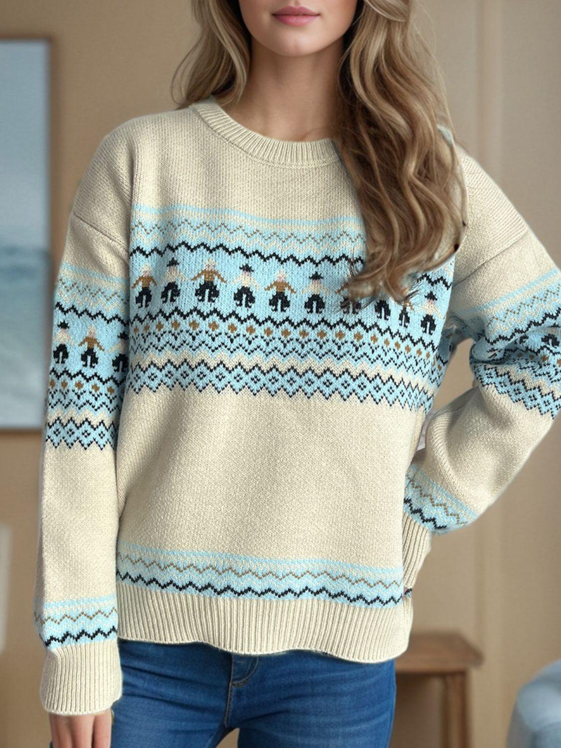 Winter Sweater Contrast Round Neck Long Sleeve Women Knit Pullover