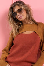 BiBi Womens Sweater Camel Color Block Knit Top With Cut Out Neck 67c72c29a487474089473198ed64e856-Max-Origin Trendsi