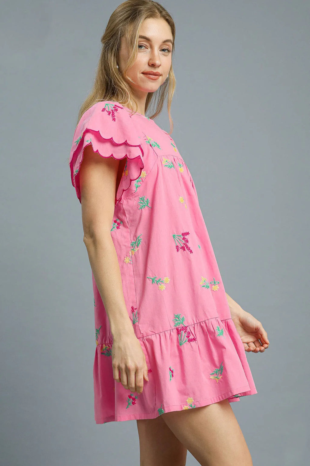 Umgee Mini Dress Pink Floral Embroidered Short Sleeve Ruched 67cce270-621f-4d5c-8c57-1acb0520706f-Max-Origin Trendsi