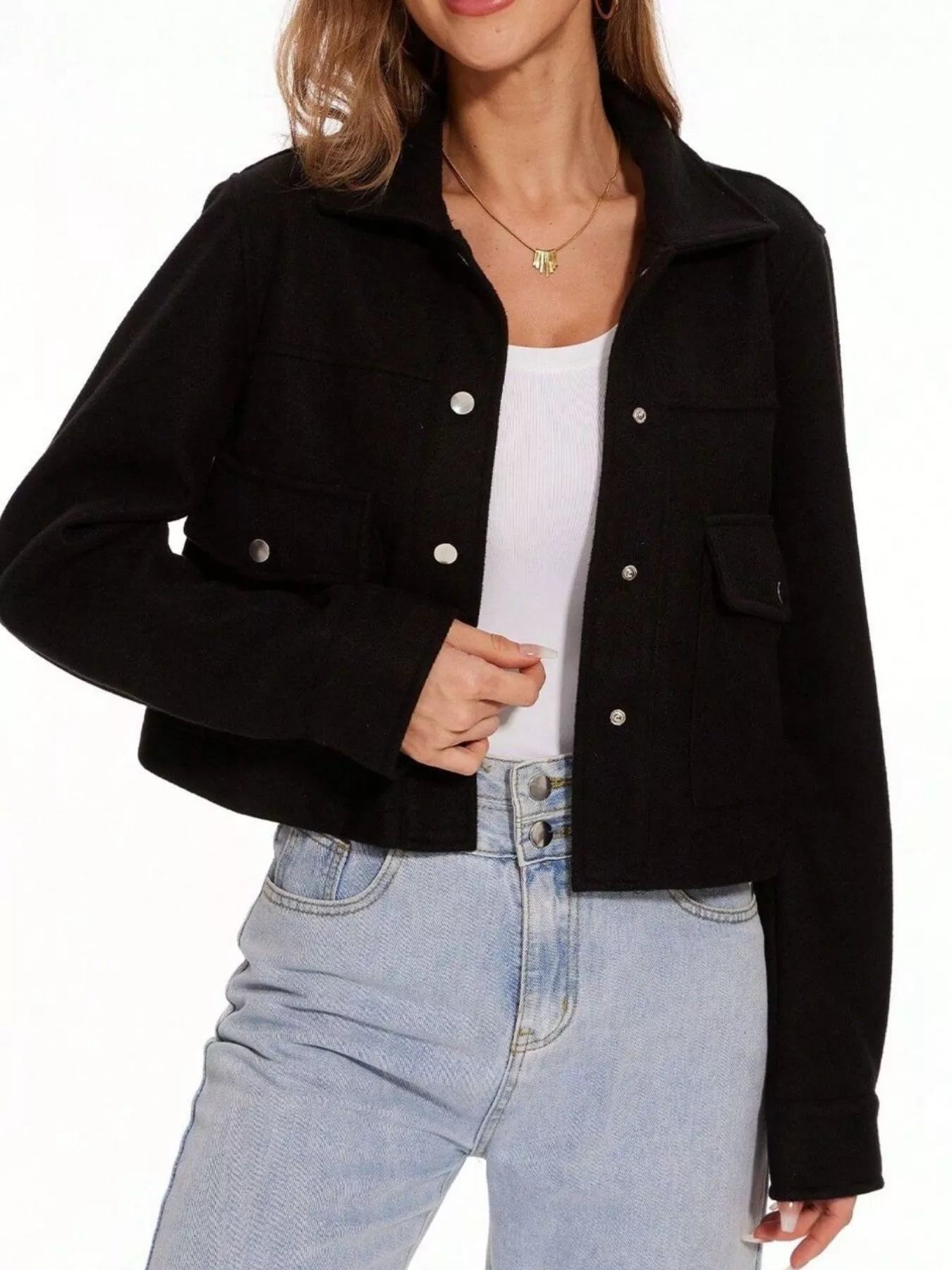 Womens Jacket Cropped Snap Down Long Sleeve Casual Outwear Black 67d10ce6-6a73-4c62-8621-49f04ddd3aa4-Max-Origin Trendsi
