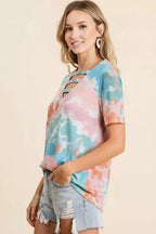 BiBi Tie-Dye Womens T-Shirt V-Neck Cutout Short Sleeve Top 67d6fbe2-3e88-497f-a682-00c2b05fd861-Max-Origin Trendsi