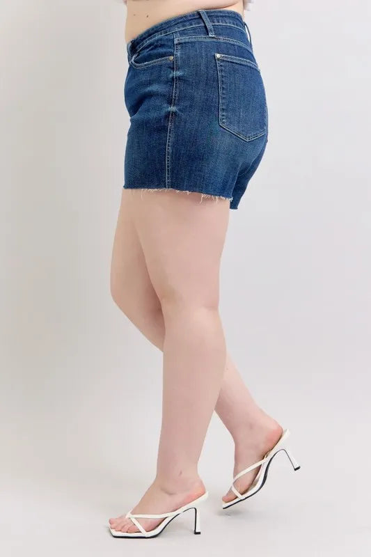 Judy Blue Denim Shorts Plus Size High Waist Criss-Cross Waistband Dark Blue 67da244e86d54607bc12ea53f9a11648-Max-Origin Trendsi
