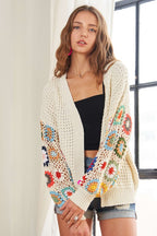 ADORA Women's Cardigan Floral Contrast Crochet Open Front Ivory Long Sleeve 67dd02e4-4cf9-4a1f-89e8-0658bd993027-Max Trendsi