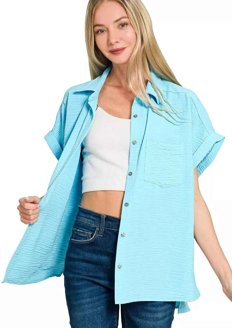 Zenana Women Shirt Woven Airflow Sky Blue Short Sleeve Top 67dd0b56cbde472b910f54c109bd4907-Max-Origin Trendsi