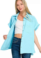 Zenana Women Shirt Woven Airflow Sky Blue Short Sleeve Top 67dd0b56cbde472b910f54c109bd4907-Max-Origin Trendsi