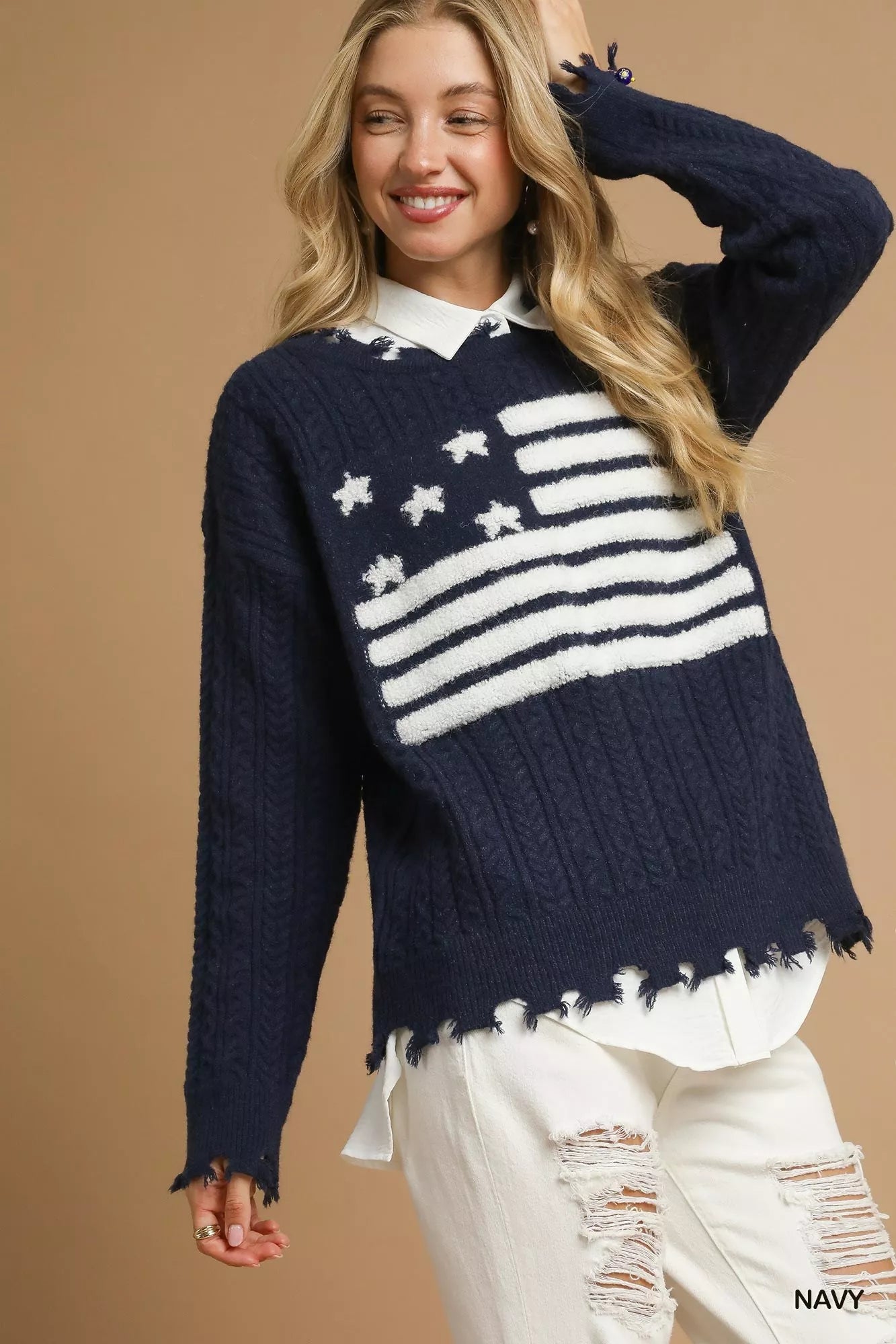 Umgee Womens Sweater Navy American Flag Distressed Knit Pullover 67e2824f-a9bc-4794-95f0-49ea80e024f2-Max-Origin Trendsi