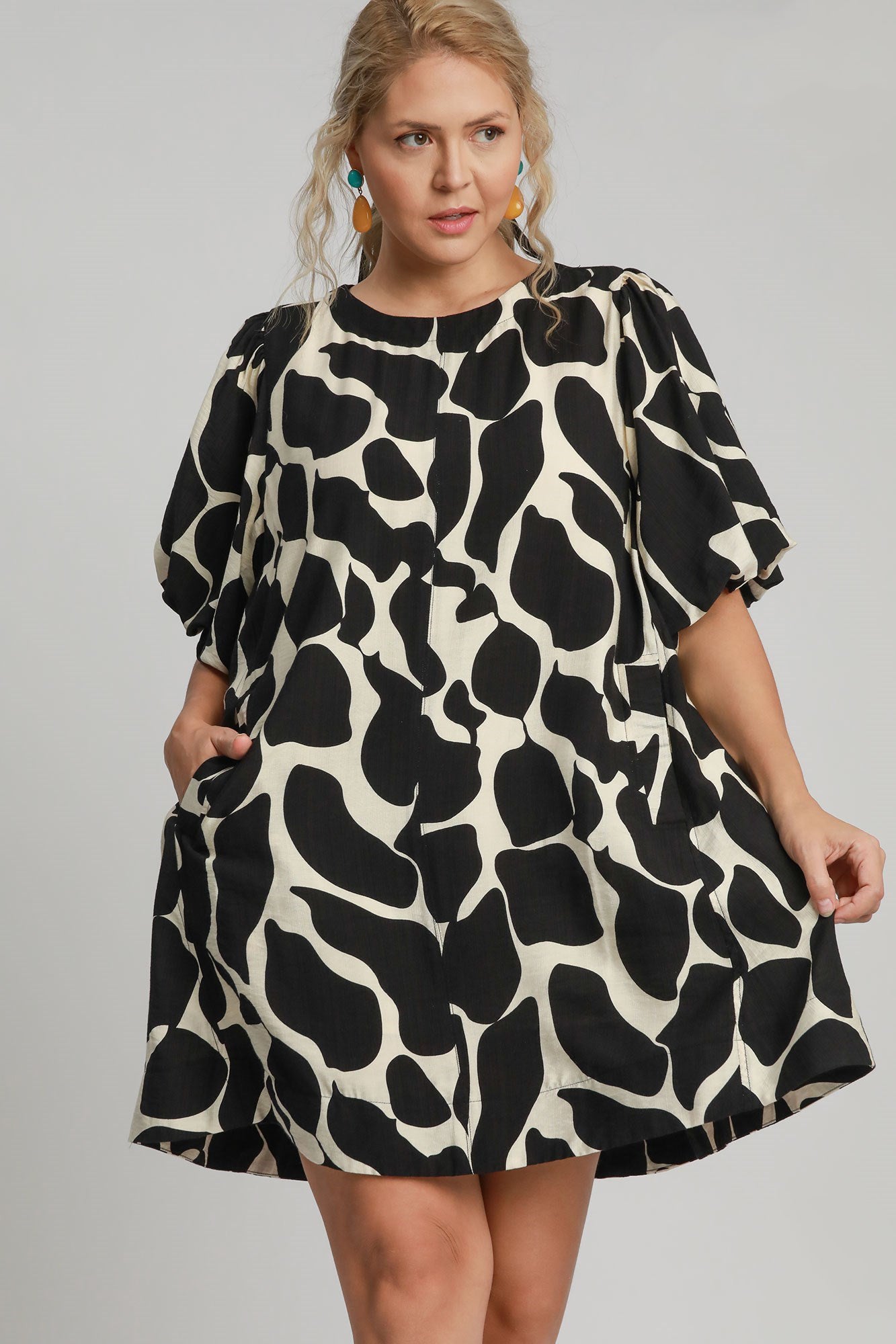 Umgee Mini Dress Two Tone Abstract Print Puff Short Sleeve Dress Plus Size