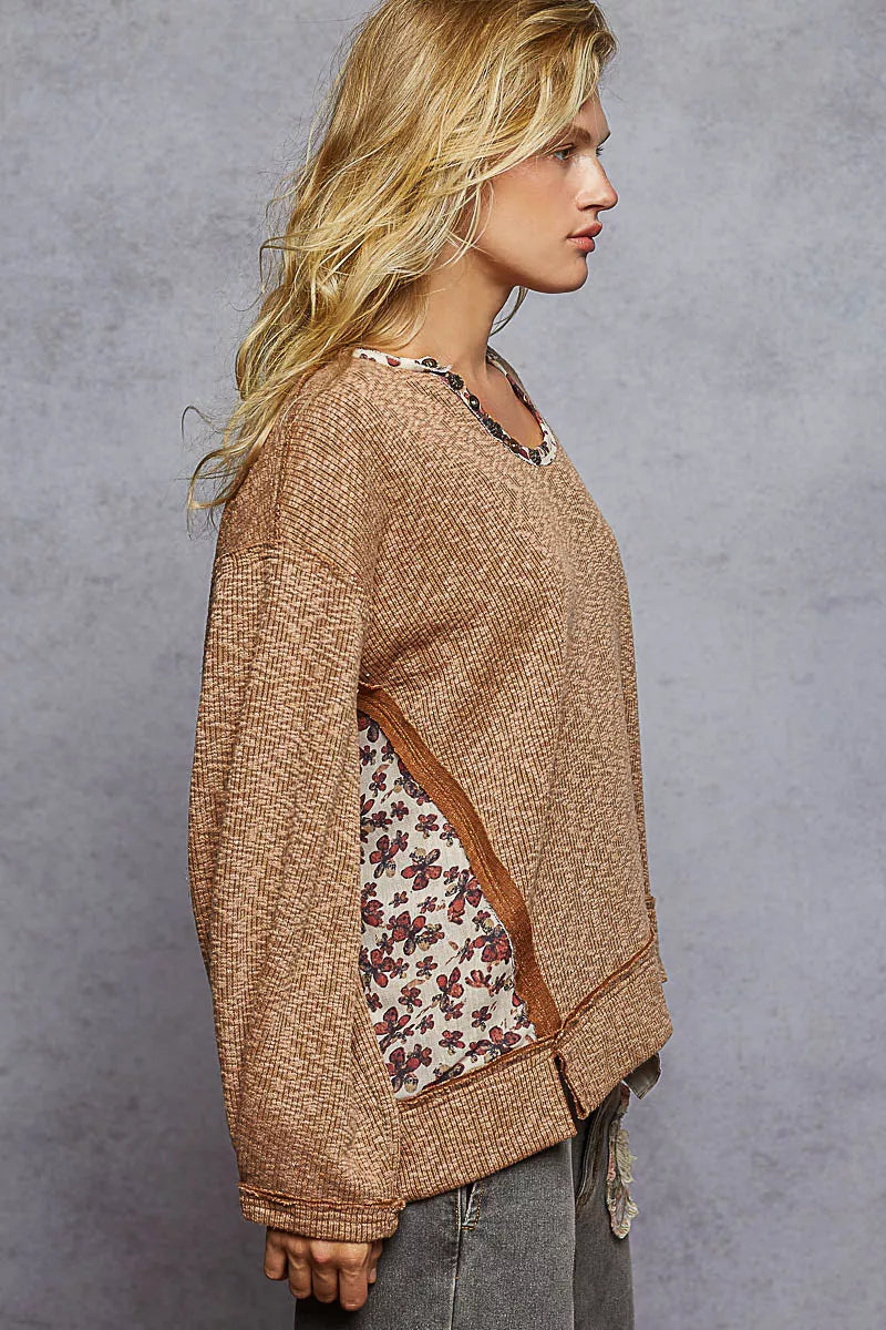POL Oversized Ribbed Top Chocolate Balloon Sleeve with Floral Pattern Contrast 67eb101a-1790-468d-a797-1214d632ed32-Max-Origin Trendsi
