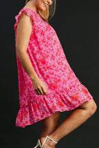 Umgee Ruffle Dress Smocked Hot Pink Floral Metallic Print Short Sleeve S-2XL 67f620bf-4f2c-48b9-948b-586aac45cb9e-Max Trendsi