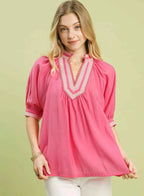 Umgee Pink Blouse Solid Contrast Lace Trim Pleated Short Sleeve Top PINK 67f6aac5-8f2d-4fb8-89fe-69e4d4477926-Max-Origin Trendsi