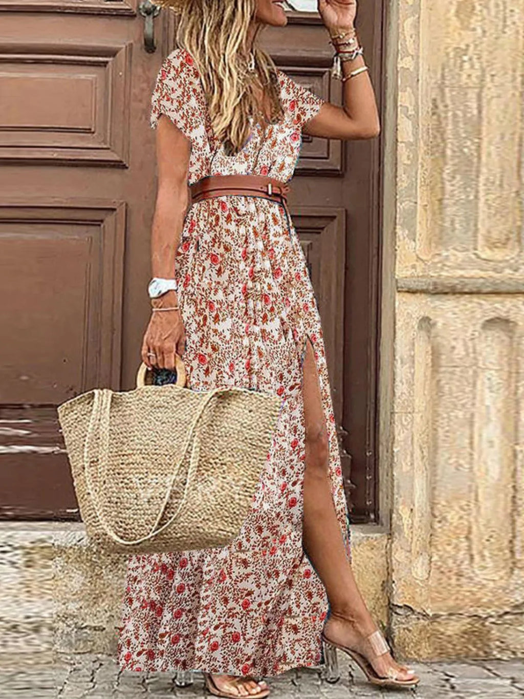Maxi Dress Paisley Printed V-Neck Short Sleeve Boho Front Slit Red 68033f5c-a684-48a2-a1f6-779e2417ef47-Max-Origin Trendsi